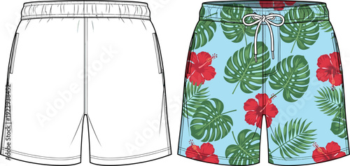 Men Swim Shorts Technical Sketch Flat Illustration, Tropical Board Shorts Design Template Vector