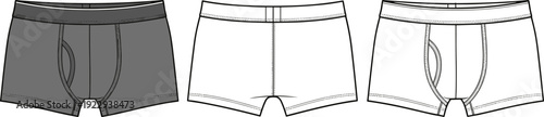 Men's Boxer Briefs Flat Technical Sketch, Underwear Vector Template Illustration