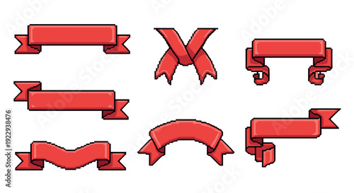 Retro pixel art red ribbon banners collection for digital design projects