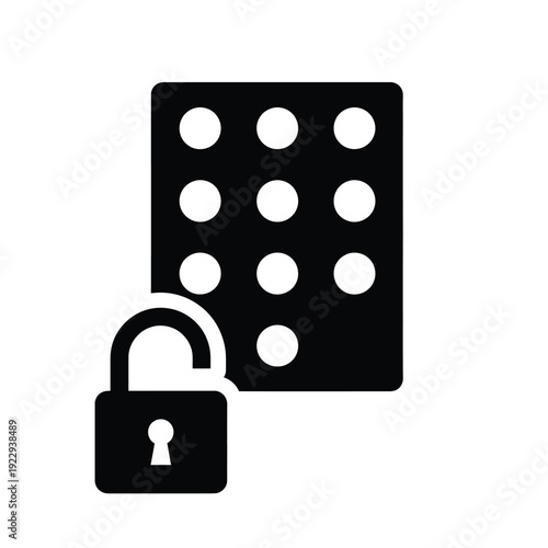 Vector illustration icon black padlock with keyhole and nine dot pattern on adjacent rectangle