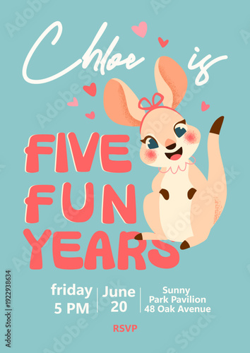 Cute five years birthday invitation with smiling kangaroo character and hearts. Soft pastel children design suitable for party card, printable invitation, kids celebration template, nursery decor or f