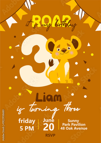 Cute t birthday invitation with smiling lion character and number three. Warm playful children design suitable for party card, printable invitation, kids celebration template, nursery decor or festive