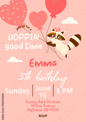 Cute third birthday invitation with raccoon character holding heart balloons. Soft pastel children design suitable for party card, printable invitation, kids celebration template, nursery decor or fes