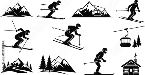 Skiing Silhouette Icons With Mountains Ski Lift And Cabin skier