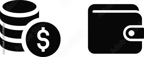 Stack of Coins with Dollar Sign and Wallet Icon on White Background Keywords: money, finance, currency, dollar, coin, stack