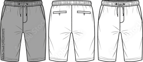 Men's Drawstring Sweat Shorts Flat Technical Sketch, Casual Sportswear Vector Illustration