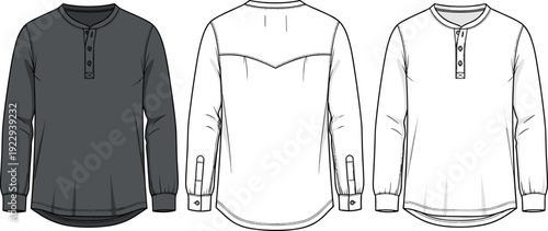 Men's Long Sleeve Henley Shirt Flat Technical Sketch, Casual Top Vector Illustration