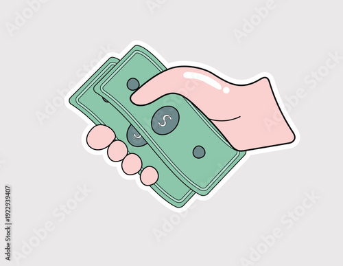 Hand holding cash sticker. Vector art of a hand grasping green dollar bills, ideal for themes involving payments, rewards, or direct financial transactions