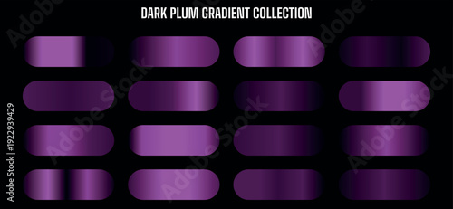 Vector dark plum gradient collection, purple color swatches, metallic sheen, UI button elements, isolated on black