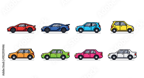 Colorful pixel art cars collection showcasing retro compact and sports vehicles