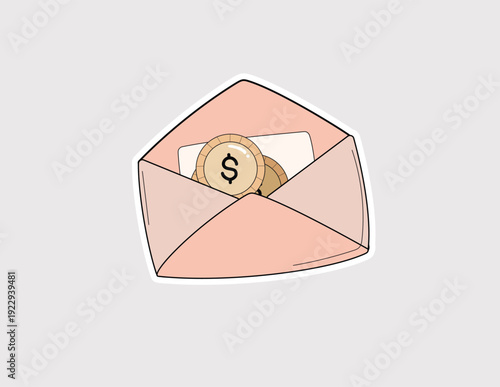 Money envelope sticker. Pink envelope containing coins and a card, symbolizing a gift, bonus, donation, or traditional cash gift