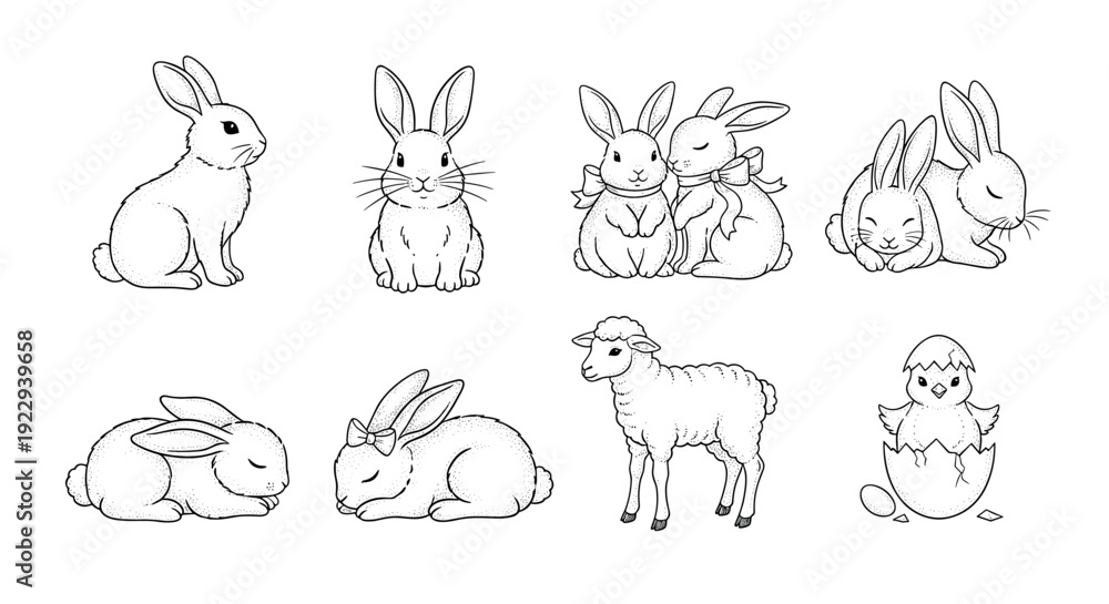 Obraz premium Cute pencil sketch of rabbits, lamb, and hatching chick