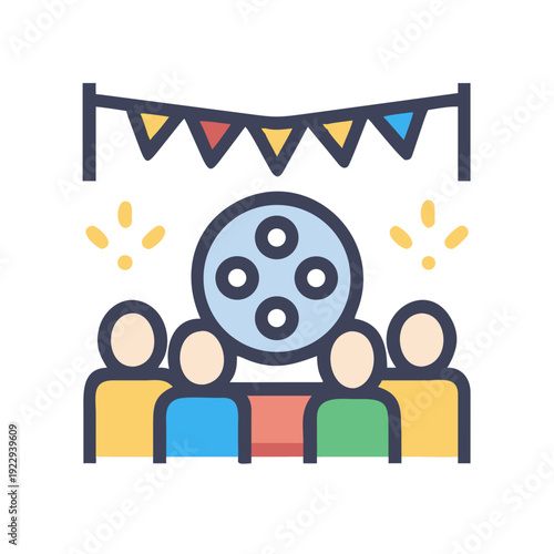 Animated film festival crowd, movie reel celebration under colorful festive banner