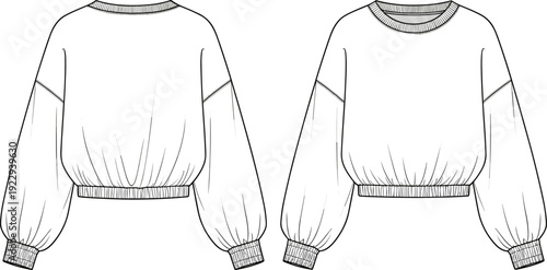 Oversized Crop Sweatshirt Technical Flat Sketch, Women's Puff Sleeve Pullover Fashion Illustration