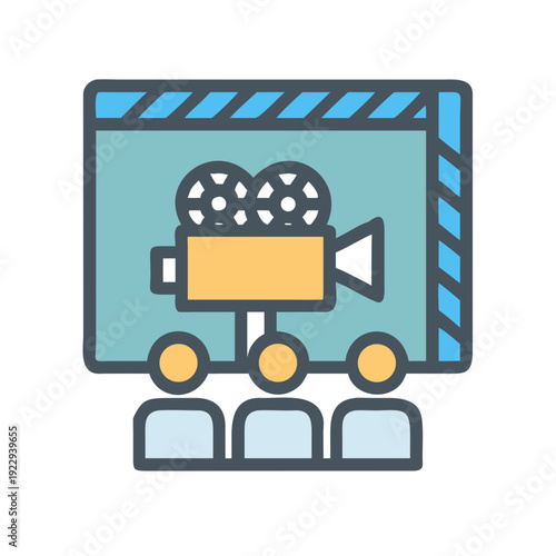 A vintage movie camera icon, in front of a cinema audience view