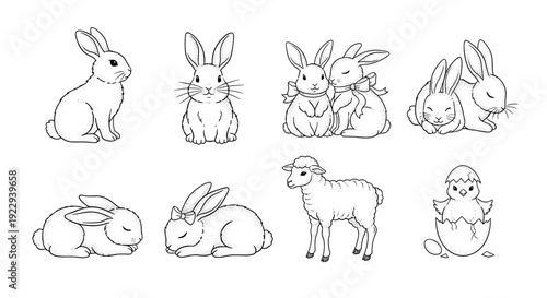 Cute pencil sketch of rabbits, lamb, and hatching chick