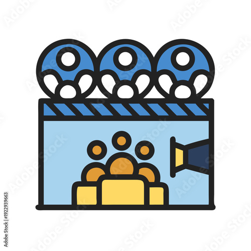 A retro film projector icon, complete with audience, in vintage style.