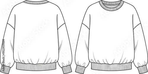 Oversized Sweatshirt Front and Back View Technical Fashion Sketch in Flat Illustration Style
