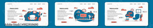 Set of landing pages about freelancing. Freelancers organization concept. Home workplace. Benefits of remote work, limitations and workflow. Scene of house workplace. Vector business concept.