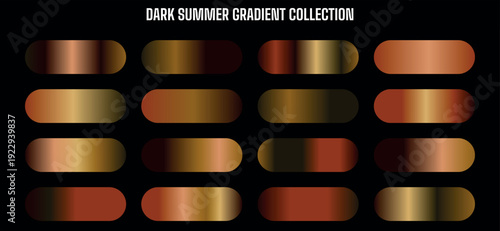 Dark Summer Gradient Collection vector, metallic bronze and gold color palette swatches for UI, web, app, branding, social media, isolated on black