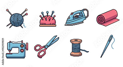 Pixel art sewing tools: yarn, needle, iron, and more for craft enthusiasts