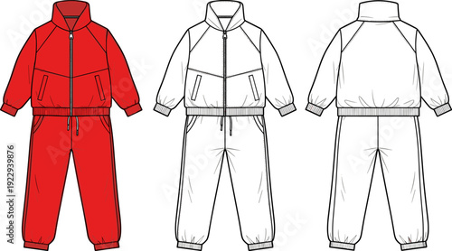 Red and White Tracksuit Technical Sketch, Sportswear Fleece Set Flat Illustration, Apparel Design