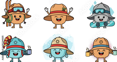 Set of Winter Adventure Character Illustrations, Cute Cartoon Mascots with Skiing and Snowboarding Gear