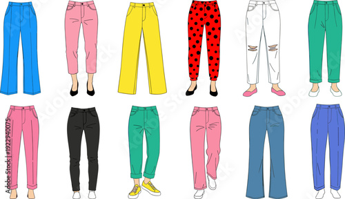 Set of Women Pants and Trousers Fashion Sketches, Trendy Female Bottoms Flat Illustration