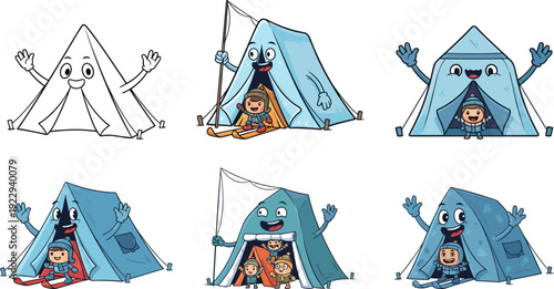 Set of Cute Camping Tent Characters and Happy Kids in Winter Flat Illustration Style