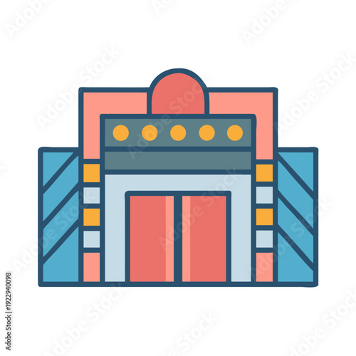 Retro styled movie theater entrance with ticket booth and marquee lights
