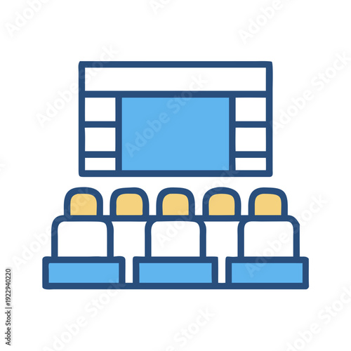Cinema interior icon with blue seats and screen on a black background.
