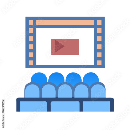 Flat illustration of cinema hall interior with screen and audience seating rows