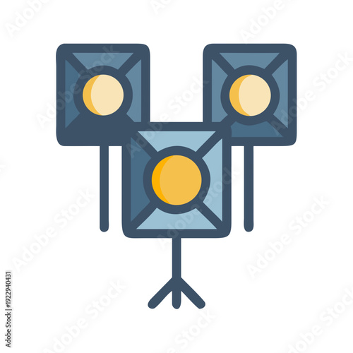 Studio lighting setup with three spotlights on stands, illuminated on black background