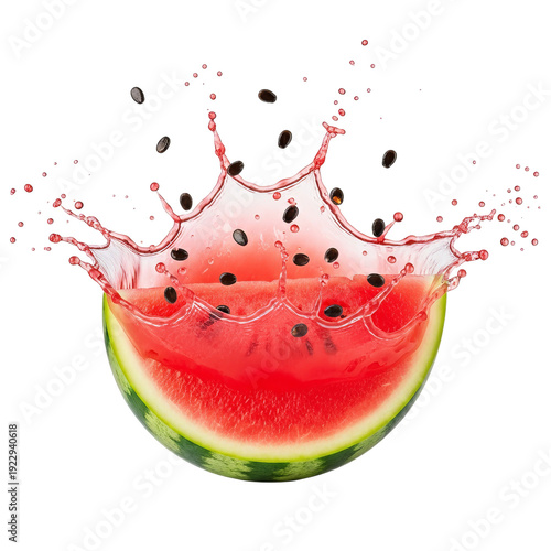 A juicy slice of watermelon splashing with seeds flying everywhere