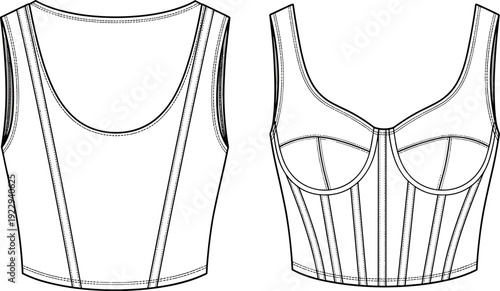 Women Corset Top Technical Sketch, Front and Back View Fashion Flat Illustration, Isolated Vector
