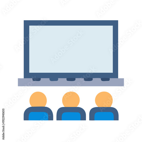 Three viewers in front of a digital screen, simplified flat illustration