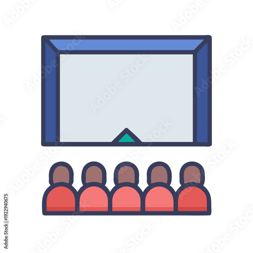 Audience watching a presentation on a blue screen, flat design illustration