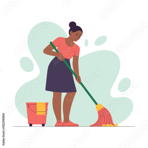 A cartoon woman cleaning with a broom and bucket in a minimalist vector illustration
