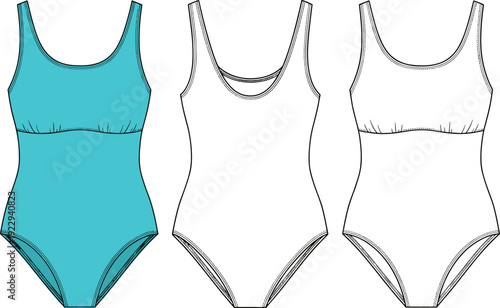 Women One Piece Swimsuit Fashion Technical Sketch Flat Illustration, Swimwear Design Template