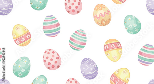 Colorful watercolor easter eggs pattern with stripes and dots on white background