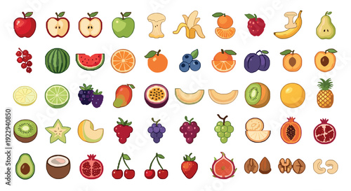 Pixel art collection of fruits: vibrant and detailed food icons in retro style
