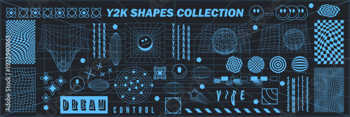 Abstract geometry hud wireframe shapes and patterns, cyberpunk elements, icon s and perspective grid s. Surreal geometric signs. Rave psychedelic futuristic Y2k acid aesthetic set. Vector illustration