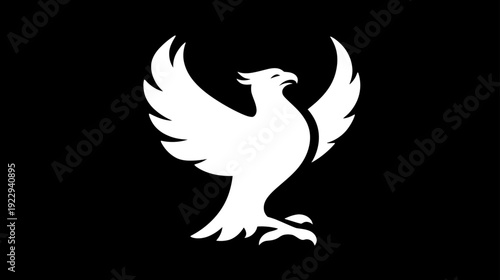 Majestic White Phoenix or Eagle Bird Silhouette on Black Background - Powerful Mythical Icon Symbol Vector Graphic Design