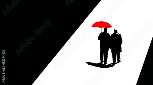 Silhouettes of two people walking together under a bright red umbrella on a high-contrast diagonal black and white path, minimalist style.
