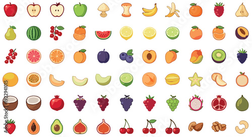 Colorful fruit and vegetable icons set in flat style on white background