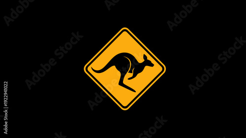Bright yellow kangaroo crossing warning sign icon, symbolizing wildlife caution on roads, isolated on a black background.