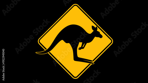 Kangaroo Crossing Warning Sign on Black Background. Australian Wildlife Road Hazard Symbol for Caution and Safety.