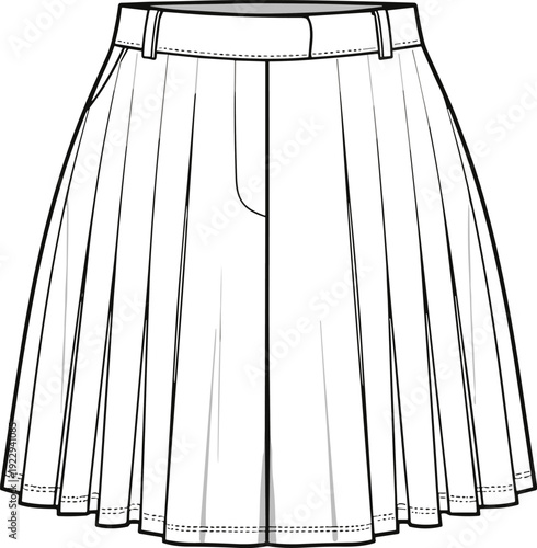 Women's Pleated Mini Skirt Technical Flat Sketch, Vector Fashion Illustration, Front View Template