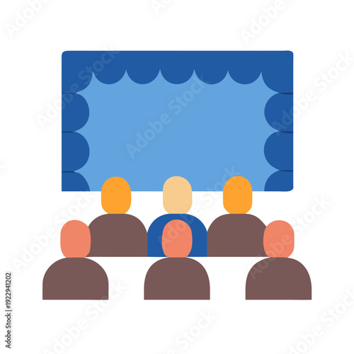 Meeting attendees in front of a blue presentation screen depicted with flat art style