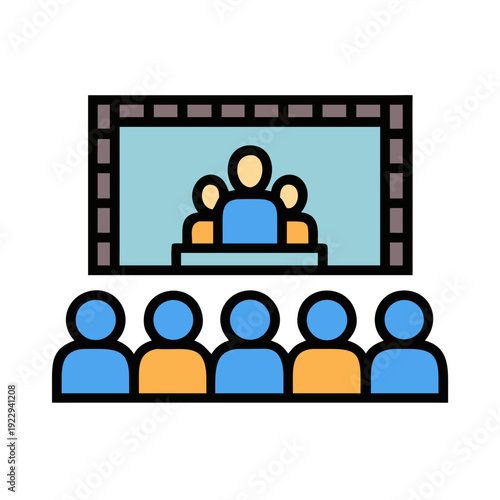 Conference Presentation Stock Image Showing a Panel and Audience in Blue and Gold